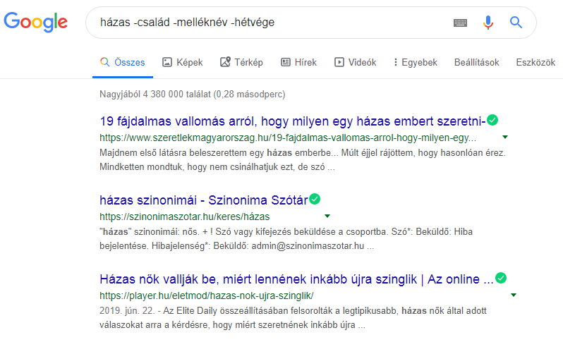 Google keresés kivonásjel 2