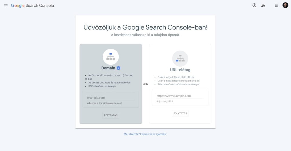Search Console domain hitelesítés