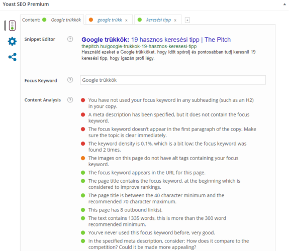 SEO elemzés on page kulcsszó sűrűség