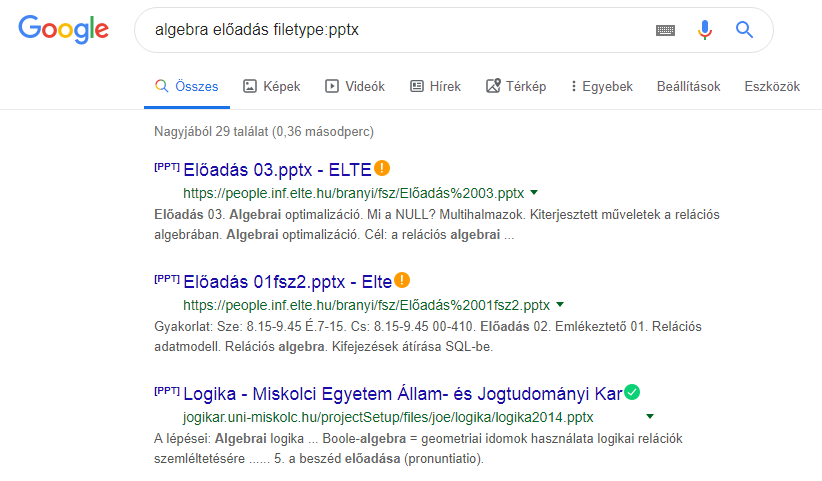 Google keresés filetype