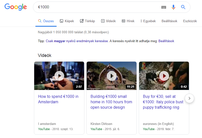 Google keresés euró