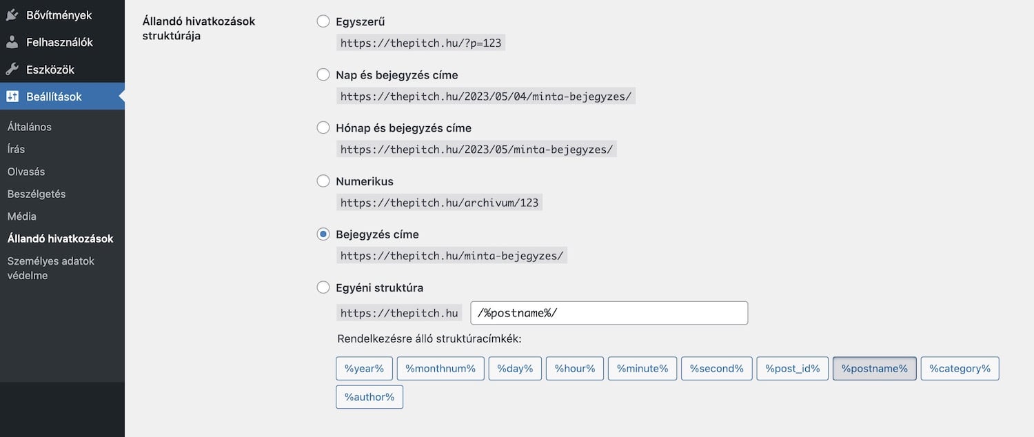 WordPress állandó hivatkozások átállítása
